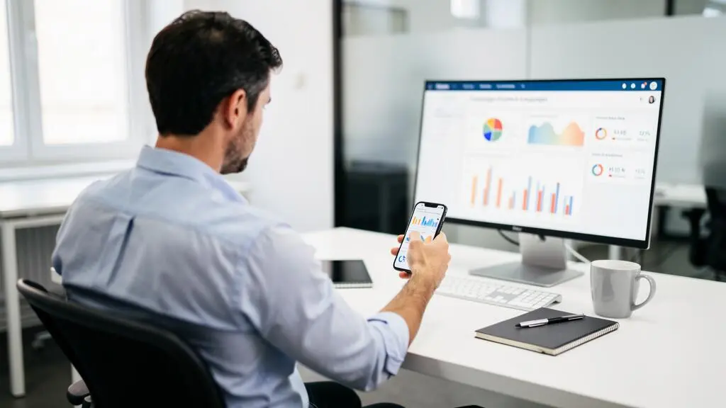 Un homme compare les statistiques affichées sur son écran d'ordinateur avec les données de son téléphone dans un bureau.