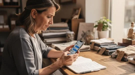 Une commerçante consulte les messages reçus sur son téléphone à côté d'un carnet de notes posé sur le comptoir de sa boutique.