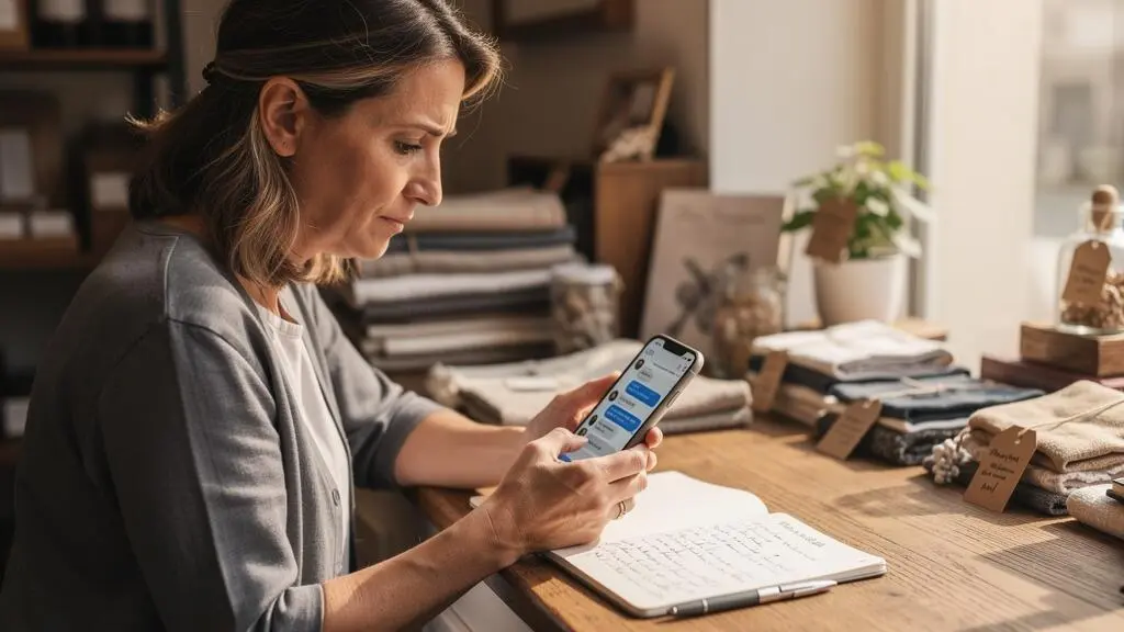 Une commerçante consulte les messages reçus sur son téléphone à côté d'un carnet de notes posé sur le comptoir de sa boutique.