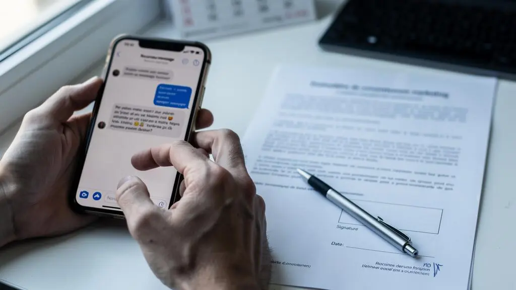 Des mains tiennent un smartphone au-dessus d'un bureau où repose un formulaire de consentement signé et un stylo.